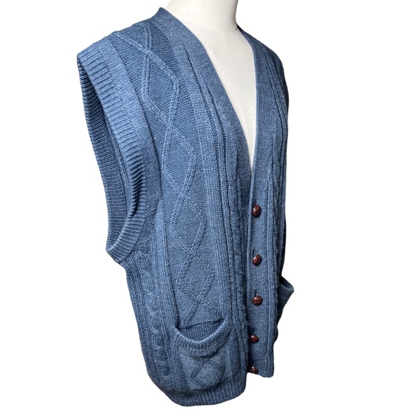 Grandpacore Cable Knit Sweater Vest Blue Button Front Towncraft Acrylic XL - Picture 3 of 9